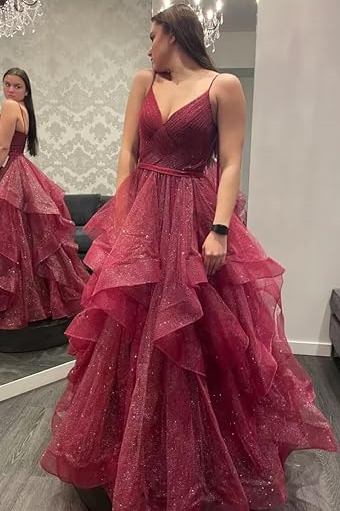Glitter A-Line V Neck Burgundy Ruffle Long Prom Dresses Formal Gown DM25101706