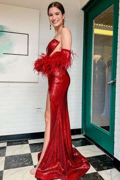 Sequin Feather Strapless Mermaid Long Prom Dress with Slit MD121201
