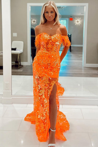 Orange Off-the-Shoulder Sequin Applique Mermaid Long Dress with Slit MD103008