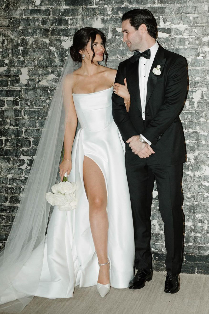 A-Line Strapless Satin Wedding Dresses with Slit MD4010809 A-Line Strapless Satin Wedding Dresses with Slit MD4010809