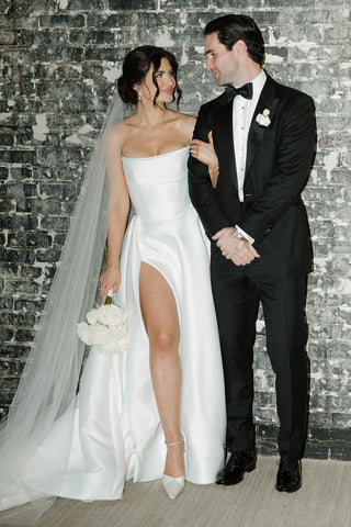 A-Line Strapless Satin Wedding Dresses with Slit MD4010809