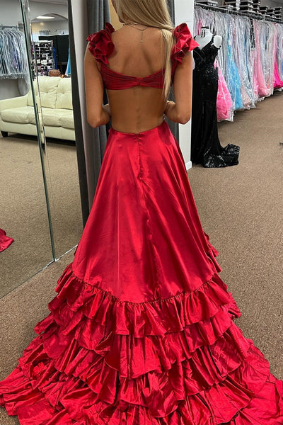 Red Cutout Ruffle A-Line Long Prom Dress with Slit MD112502