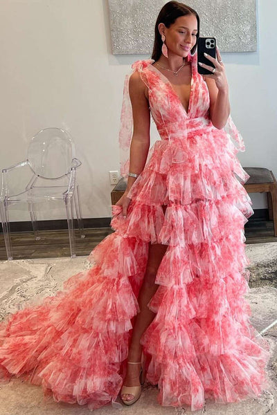 V-NecK Tie Straps Red Floral Print Layered Long Prom Dress MD112906