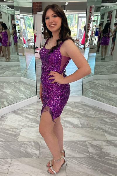 Magenta Sequin Scoop Neck Short Dress with Tassels MD091011