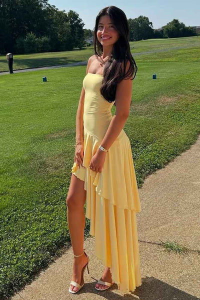 Chic Yellow Satin Ruffles High Low Long Prom Dress Evening Party Dress DM25101705