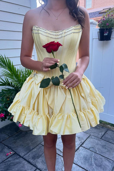 Cute A Line Scoop Neck Yellow Satin Short Homecoming Dresses with Beading MD0902902