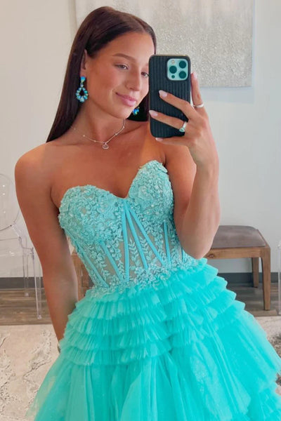 Aqua Blue Tulle Appliques Ruffle A-Line Long Prom Dress MD122505