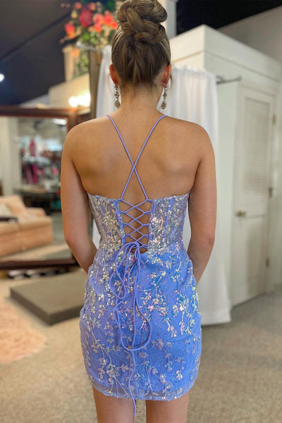 Stunning Bodycon Halter Lilac Sequins Lace Short Homecoming Dresses with Feather Shoulders LD3062905