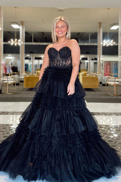 Sparkly Fuchsia Tulle Tiered Corset Long Prom Dress with Lace DM3082719