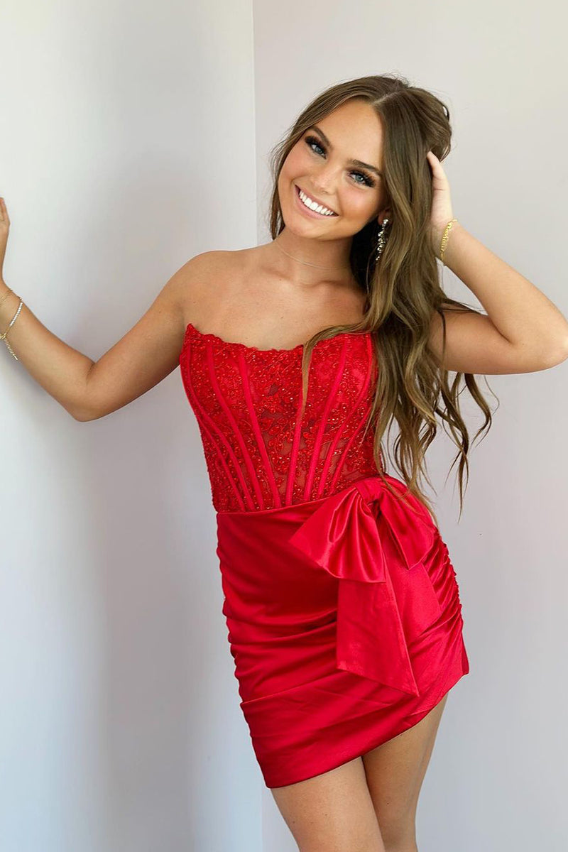 Bodycon Strapless Red Corset Short Homecoming Dresses DM24080806 – Dressmeet