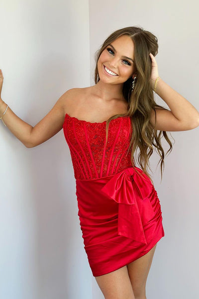 Bodycon Strapless Red Corset Short Homecoming Dresses DM24080806