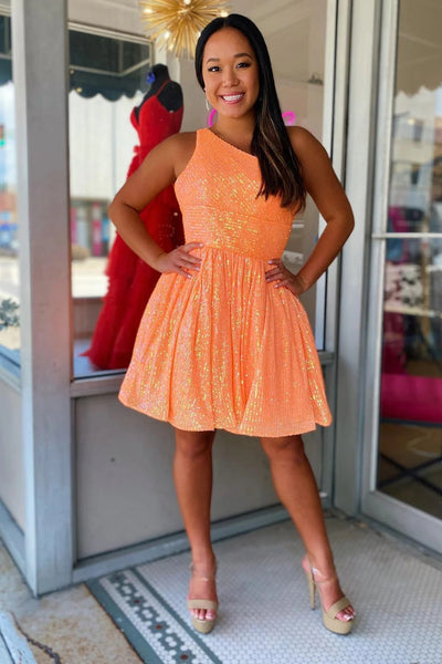 Navy Sequins One Shoulder A-Line Short Homecoming Dress LD3062306
