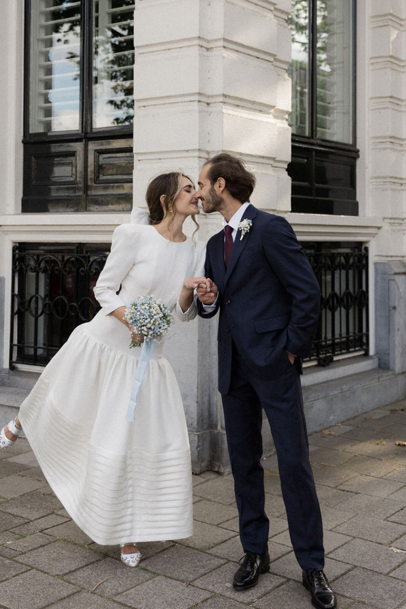 round neck long sleeve wedding dress Vintage A-Line Satin Round Neck Long Sleeves Wedding Dress MD4052604 –  Dressmeet