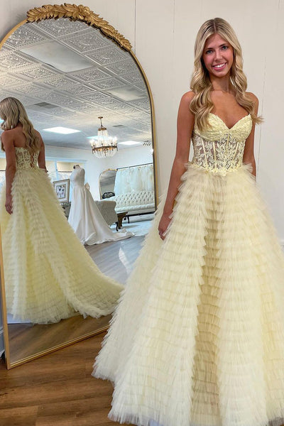 Black Tiered Tulle Sweetheart A-Line Long Prom Dress MD112407