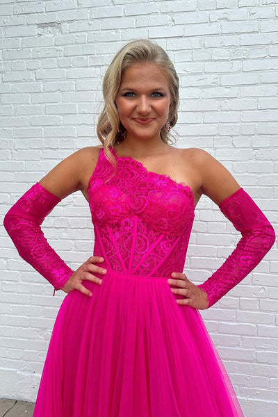 Hot Pink Detachable Long Sleeves A-Line Tulle Long Prom Dress with Lace MD4012305
