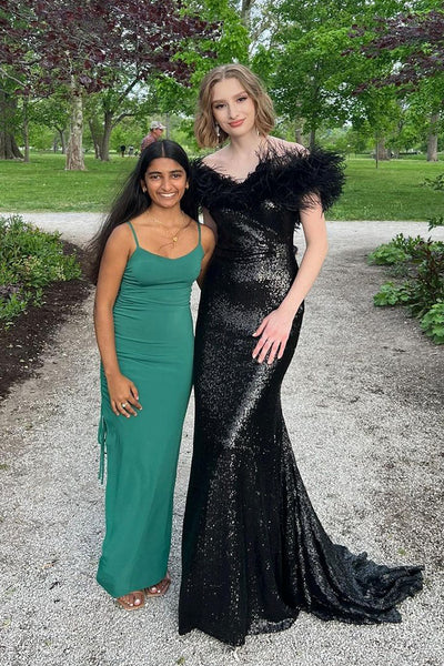 Glitter Mermaid Off the Shoulder Black Sequin Long Prom Dresses DM090901