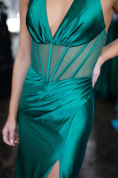 Magenta Halter Sheer Bodice Pleated Gown with Slit MD122903