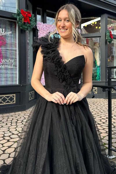 A Line One Shoulder Black Tulle Long Prom Dress MD4010205