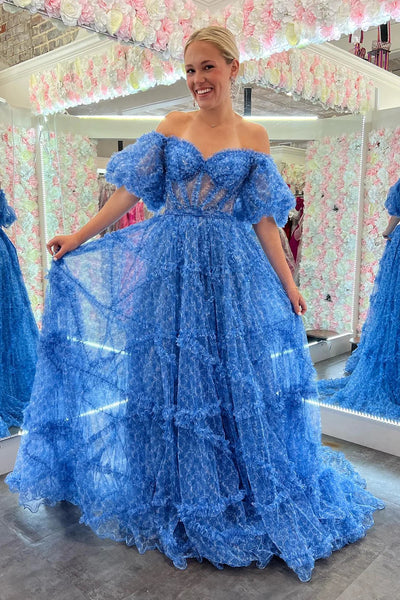 Blue A-Line Corset Long Tulle Floral Prom Dress with Ruffles DM3082813