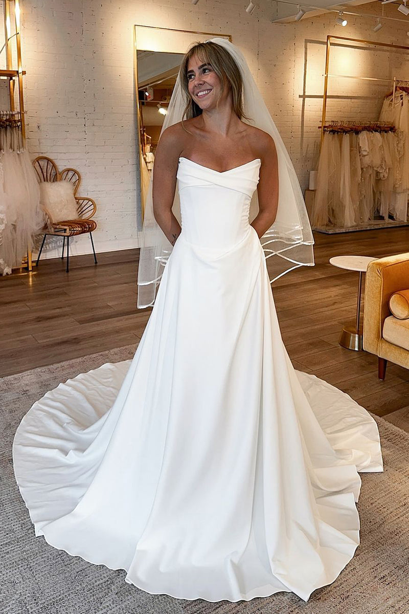 Elegant A Line Scoop Neck Elastic Satin Long Wedding Dresses DM24101508 – Dressmeet