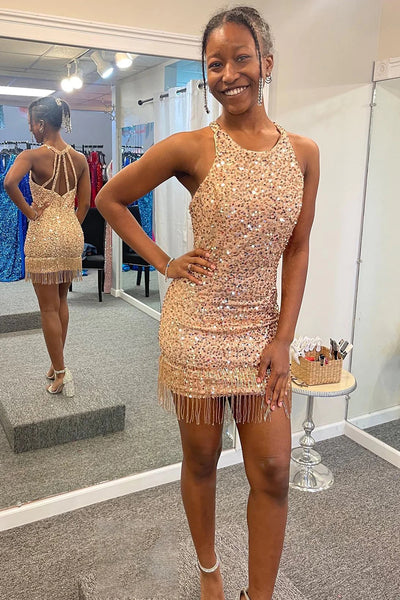 Sparkly Black Sequined Tight Short Homecoming Dress with Fringes MD091901