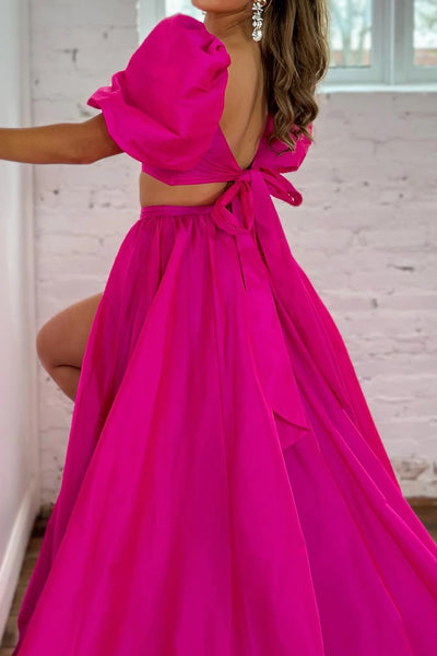 Hot Pink A-Line Short Sleeves Long Prom Dress with Slit MD122703