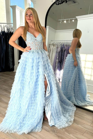 A-Line V Neck Blue Ruffle Tiered Tulle Long Prom Dress with Appliques MD4051504