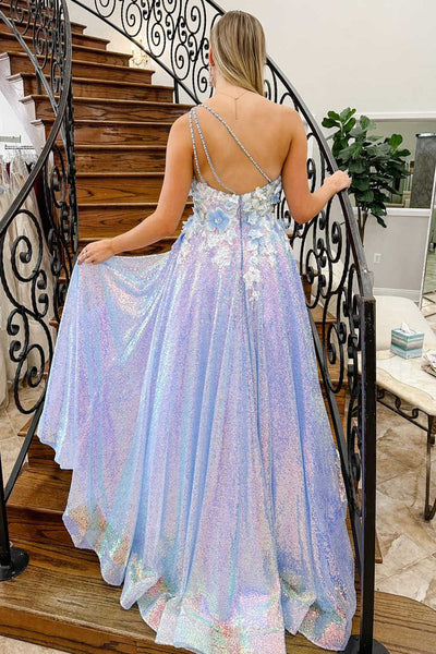 Lilac One Shoulder 3D Flowers Sequin Long Formal Dress MD112704