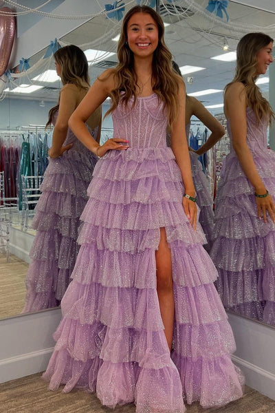 Glitter A-Line Sweetheart Lilac Sequins Ruffle Tiered Long Prom Dresses Formal Gown with Side Slit DM25101604