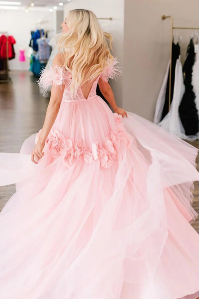 Princess A Line Off the Shoulder Pink Corset Prom Dress with Feather MD100206
