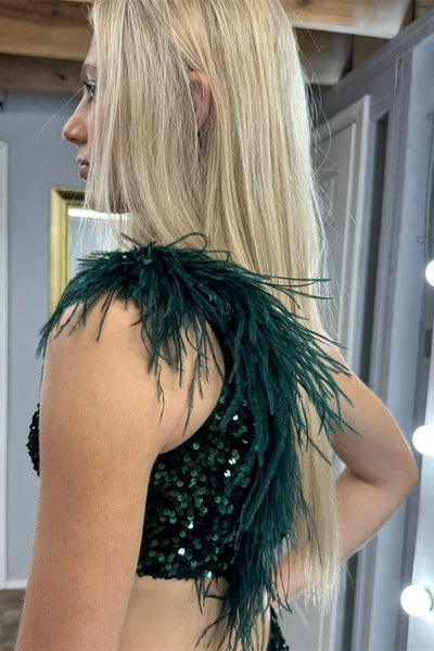 Sequin Feather One-Shoulder Mermaid Long Dress with Slit MD111203