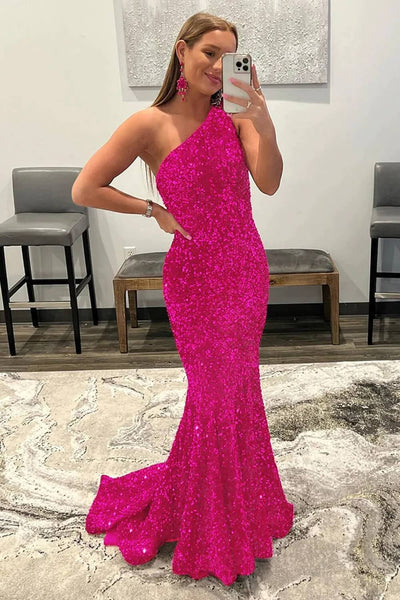 Mermaid One Shoulder Pink Sequins Long Prom Dresses MD091510