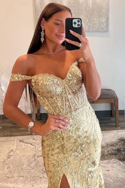Off-the-Shoulder Gold Sequin Lace Mermaid Long Dress with Slit MD102908