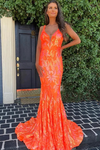 Sparkly Orange Sequin V-Neck Mermaid Long Prom Dress MD092806