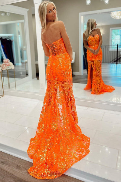 Orange Off-the-Shoulder Sequin Applique Mermaid Long Dress with Slit MD103008