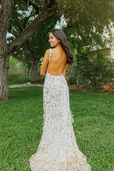Fashion Mermaid V Neck White Sequins Long Prom Dresses with Beading DM25052706