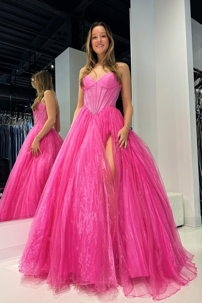 Pink Strapless Beaded Long Prom Dress with Slit MD4041002
