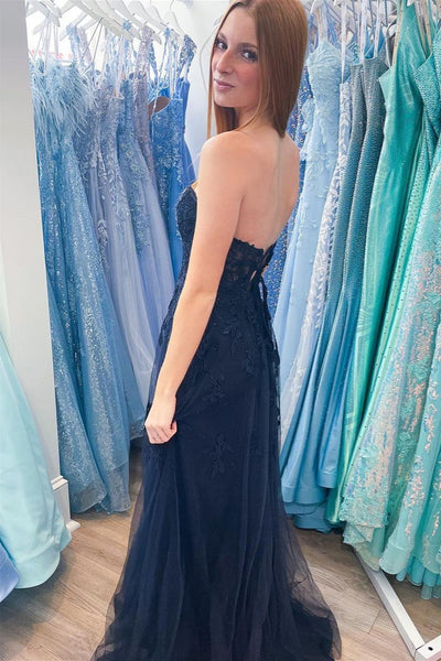 Hot Pink Strapless Floral Appliques A-line Long Prom Dress with Slit MD121301