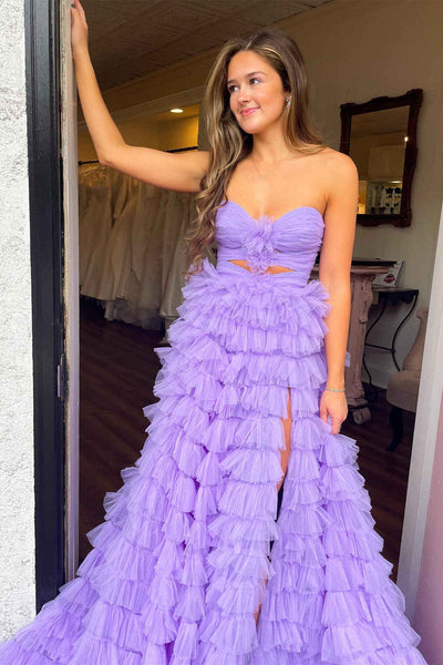 Strapless Hot Pink Keyhole Print Ruffle Tiered Prom Dress MD110309