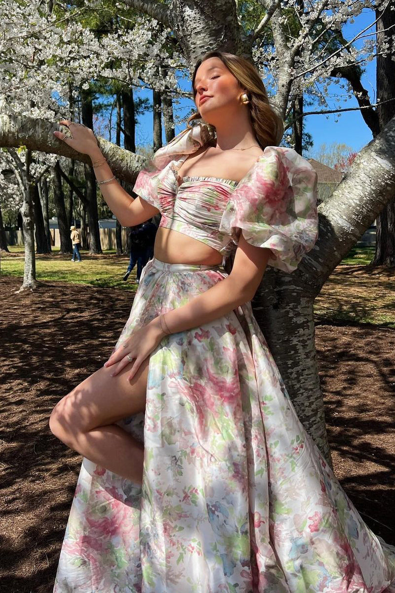 strapless open back dress Princess Two Piece Floral Printed Long Prom Dresses with Slit MD4040305 –  Dressmeet