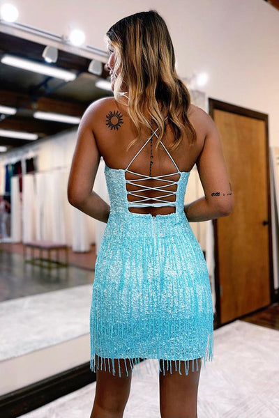 Sky Blue Spaghetti Straps V Neck Sequins Short Homecoming Dresses LD3062008