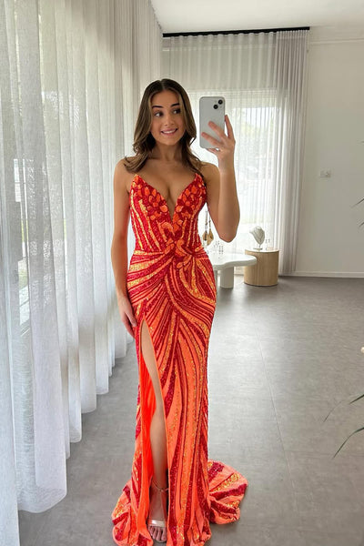 Mermaid Strapless Orange Sequins Long Prom Dresses with Slit DM25032401