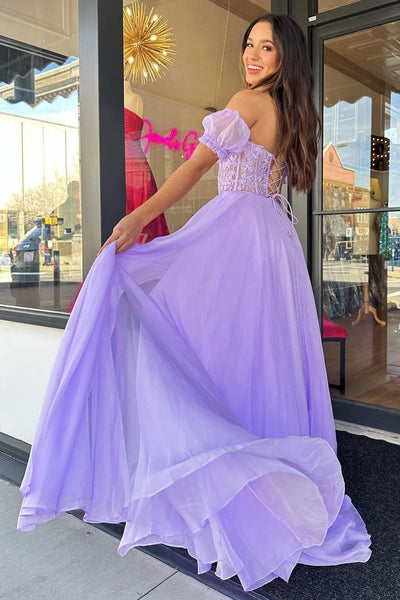 Lilac Chiffon Applique Sweetheart A-Line Prom Dress with Puff Sleeves MD092409