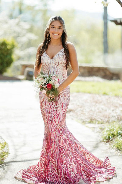Glitter Mermaid V Neck Red Silver Sequins Long Prom Dresses DM24082404