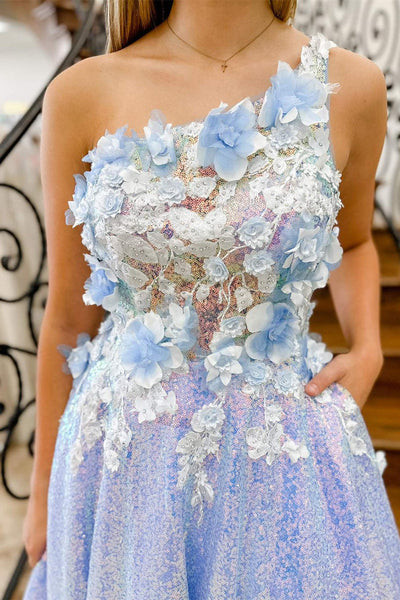 Lilac One Shoulder 3D Flowers Sequin Long Formal Dress MD112704
