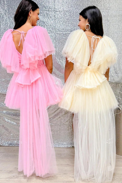 Pink Plunge V A-Line Homecoming Dress with Flutter Sleeves LD3063002
