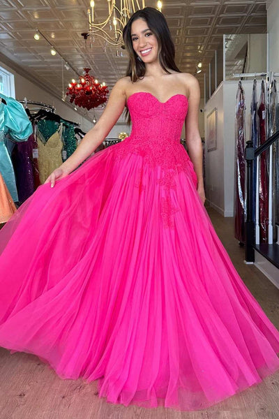 Hot Pink Tulle Lace Strapless A-Line Long Prom Dress MD103001