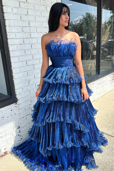 Navy A-Line Tiered Strapless Organza Long Prom Dress DM3082719