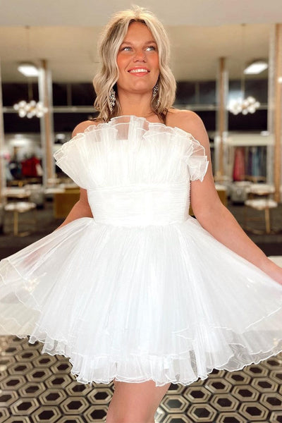 Light Blue A-Line Strapless Pleated Short Homecoming Dress with Ruffles MD090404