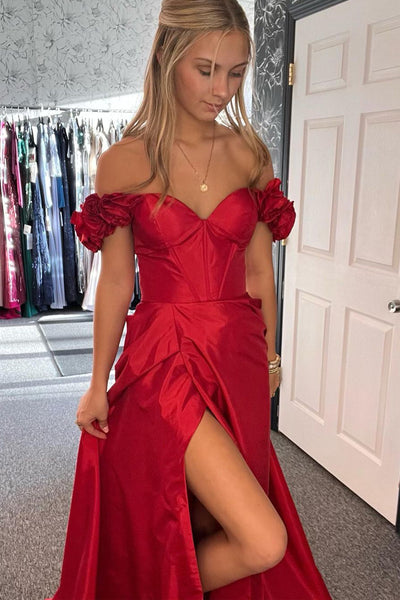Red Satin Off the Shoulder A-Line Long Prom Dresses with Slit MD120103